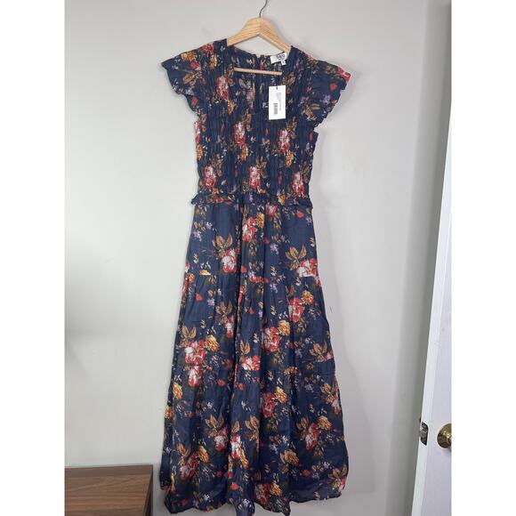 NWT Sea New York Floral Ines Flutter Sleeve Smocked Ruffled Midi Dress Navy - Picture 2 of 8